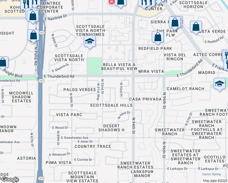 map of restaurants, bars, coffee shops, grocery stores, and more near 13564 North 92nd Way in Scottsdale