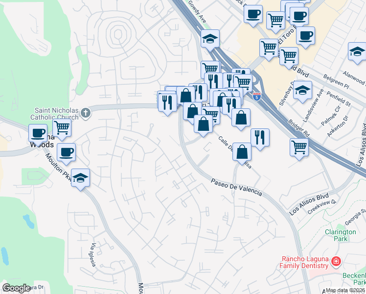 map of restaurants, bars, coffee shops, grocery stores, and more near 24301 Paseo De Valencia in Laguna Woods