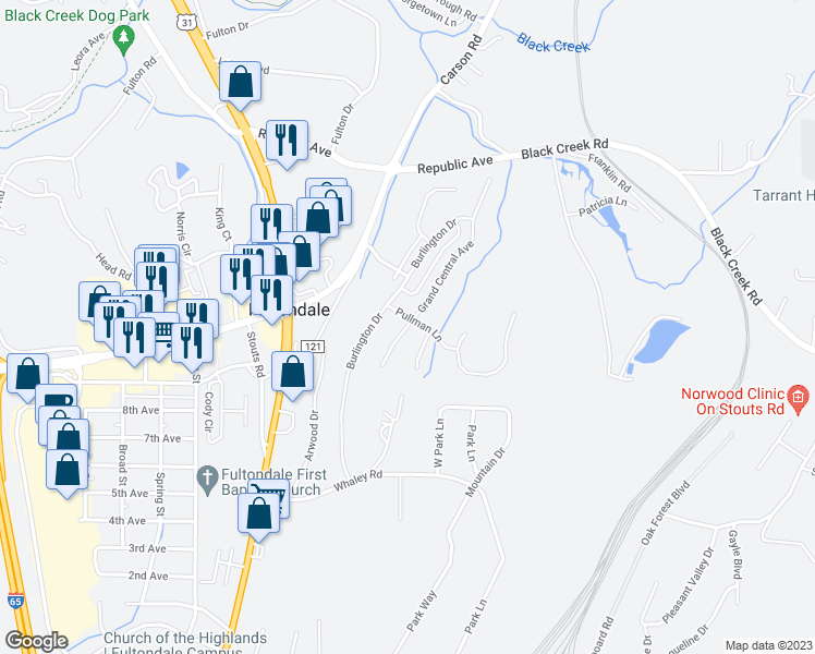 map of restaurants, bars, coffee shops, grocery stores, and more near 3606 Grand Central Avenue in Fultondale