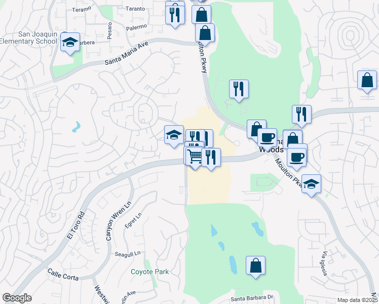 map of restaurants, bars, coffee shops, grocery stores, and more near 24361 El Toro Road in Laguna Woods