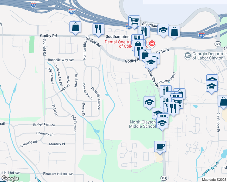 map of restaurants, bars, coffee shops, grocery stores, and more near 5329 Hanover Street in Atlanta