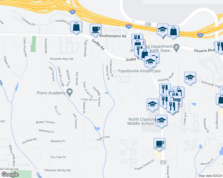 map of restaurants, bars, coffee shops, grocery stores, and more near 5321 Hanover Street in Atlanta