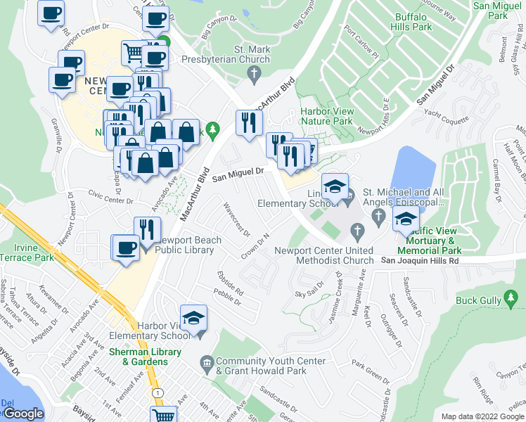 map of restaurants, bars, coffee shops, grocery stores, and more near 2707 Island View Drive in Newport Beach