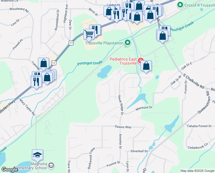 map of restaurants, bars, coffee shops, grocery stores, and more near 6254 Peregrine Circle in Trussville