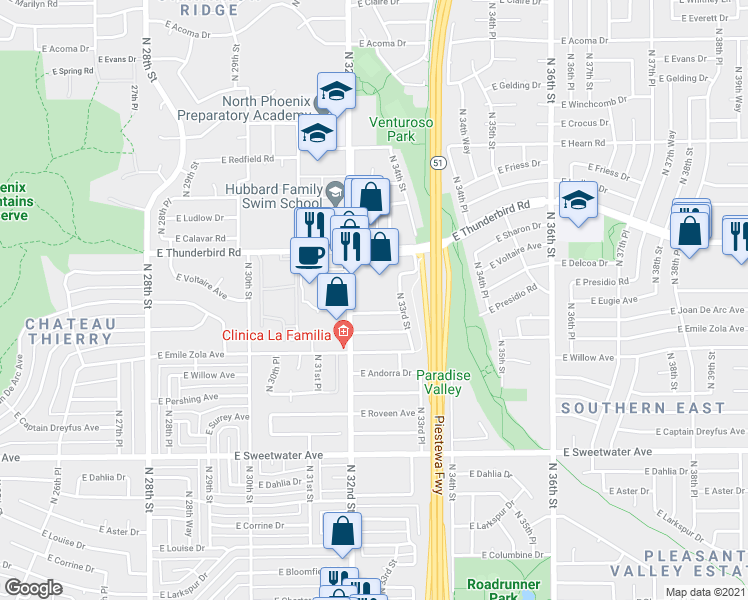 map of restaurants, bars, coffee shops, grocery stores, and more near 13621 North 32nd Street in Phoenix