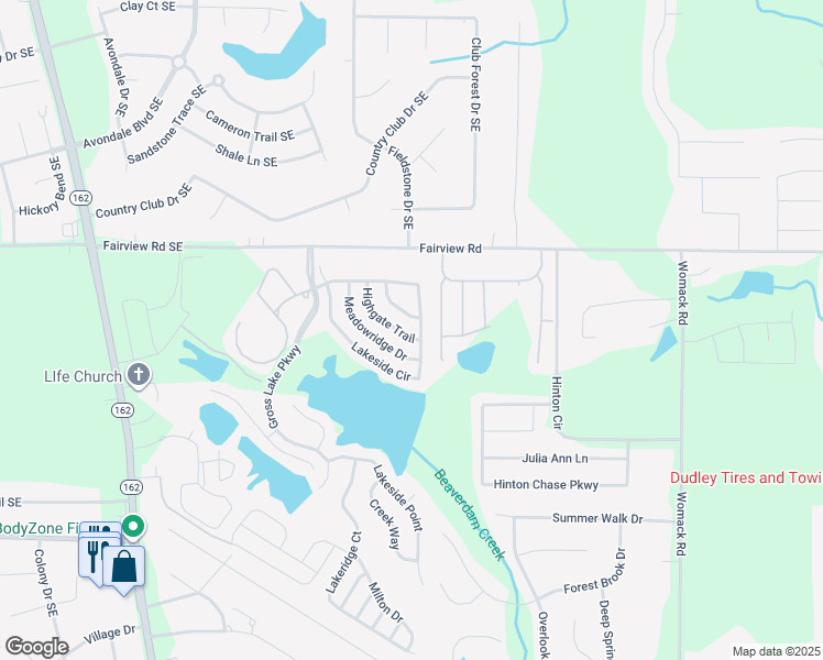 map of restaurants, bars, coffee shops, grocery stores, and more near 255 Highgate Trail in Covington