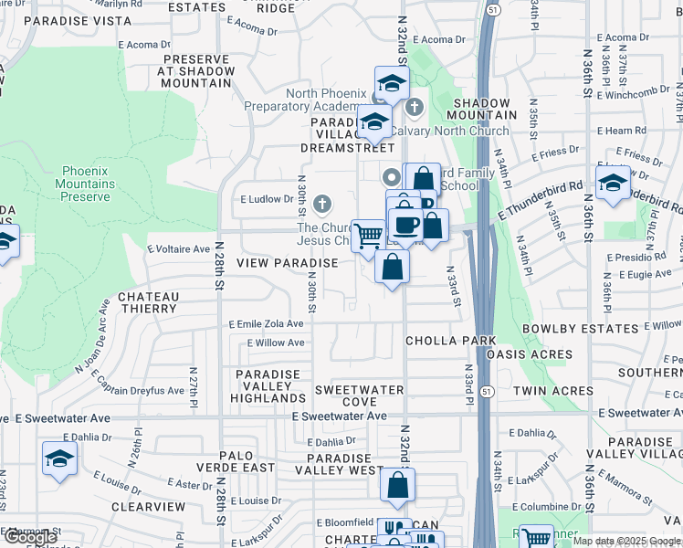 map of restaurants, bars, coffee shops, grocery stores, and more near 3131 East Thunderbird Road in Phoenix
