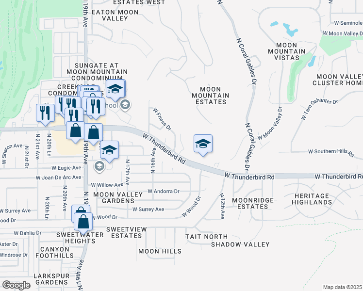 map of restaurants, bars, coffee shops, grocery stores, and more near 1500 West Thunderbird Road in Phoenix
