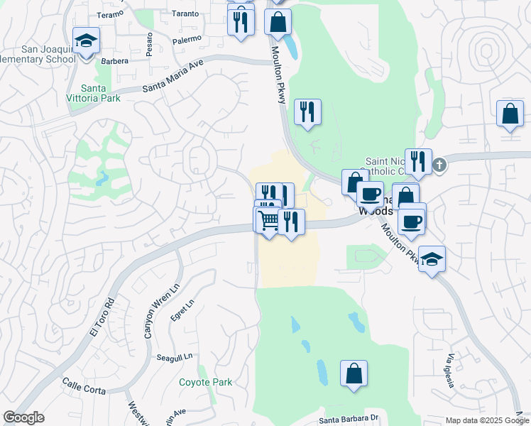 map of restaurants, bars, coffee shops, grocery stores, and more near 24361 El Toro Road in Laguna Woods