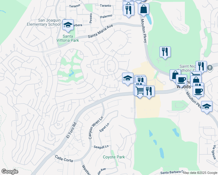 map of restaurants, bars, coffee shops, grocery stores, and more near Via Buena Vista Road in Laguna Woods