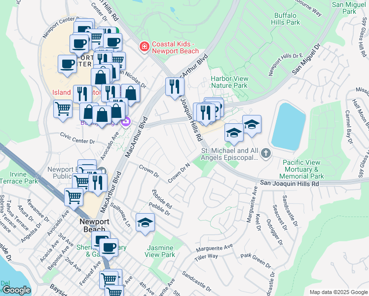 map of restaurants, bars, coffee shops, grocery stores, and more near 2615 Lighthouse Lane in Newport Beach