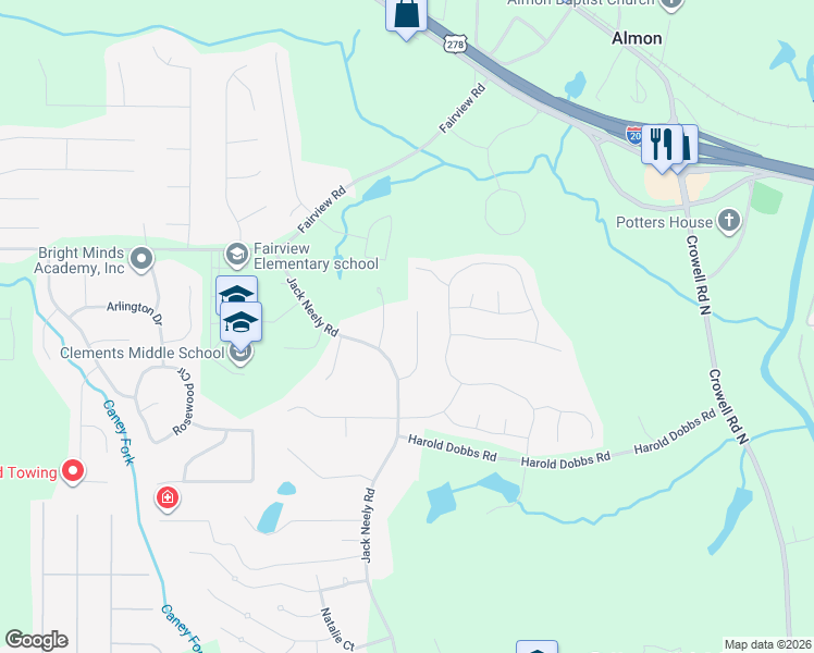 map of restaurants, bars, coffee shops, grocery stores, and more near 85 Maple Trace in Covington