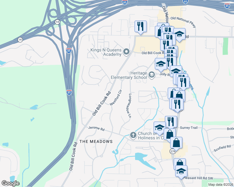 map of restaurants, bars, coffee shops, grocery stores, and more near 5310 Old Bill Cook Road in Atlanta