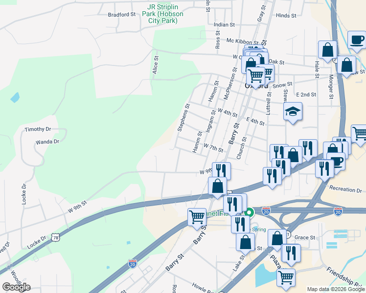 map of restaurants, bars, coffee shops, grocery stores, and more near 309 West 8th Street in Oxford