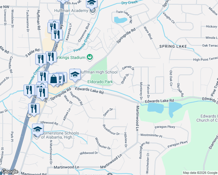 map of restaurants, bars, coffee shops, grocery stores, and more near 956 Eldorado Drive in Birmingham