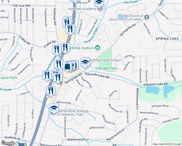 map of restaurants, bars, coffee shops, grocery stores, and more near 909 Springville Road in Birmingham