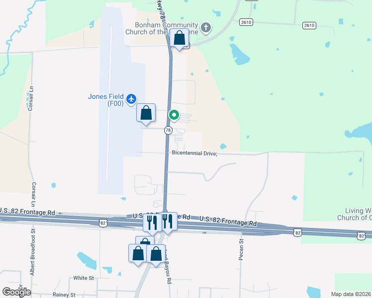 map of restaurants, bars, coffee shops, grocery stores, and more near 2528 North Center Street in Bonham