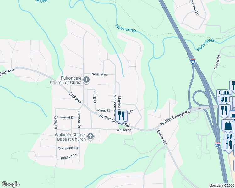 map of restaurants, bars, coffee shops, grocery stores, and more near 1833 Maplecrest Lane in Fultondale