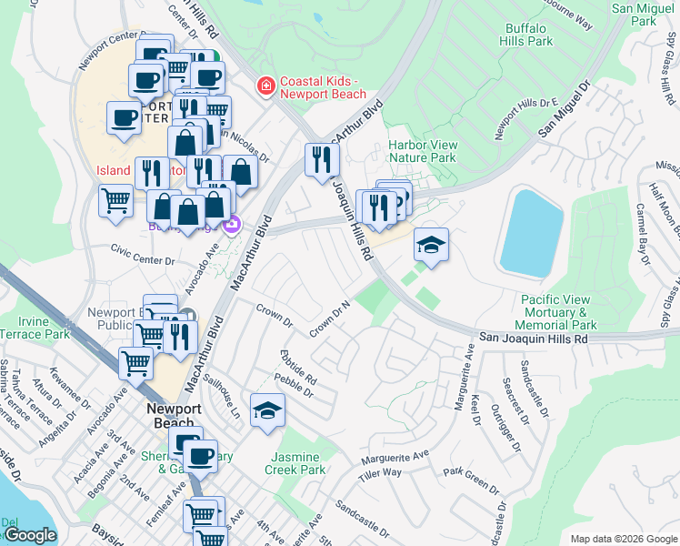 map of restaurants, bars, coffee shops, grocery stores, and more near 2707 Island View Drive in Newport Beach