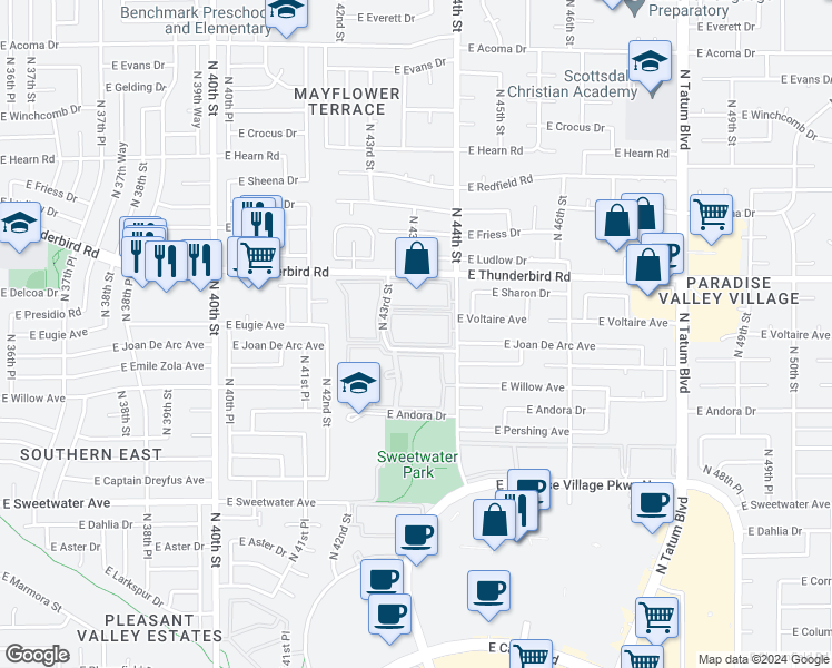 map of restaurants, bars, coffee shops, grocery stores, and more near 13602 North 43rd Street in Phoenix