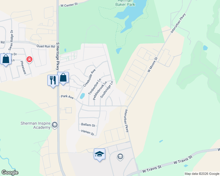 map of restaurants, bars, coffee shops, grocery stores, and more near 1721 Southridge Lane in Sherman