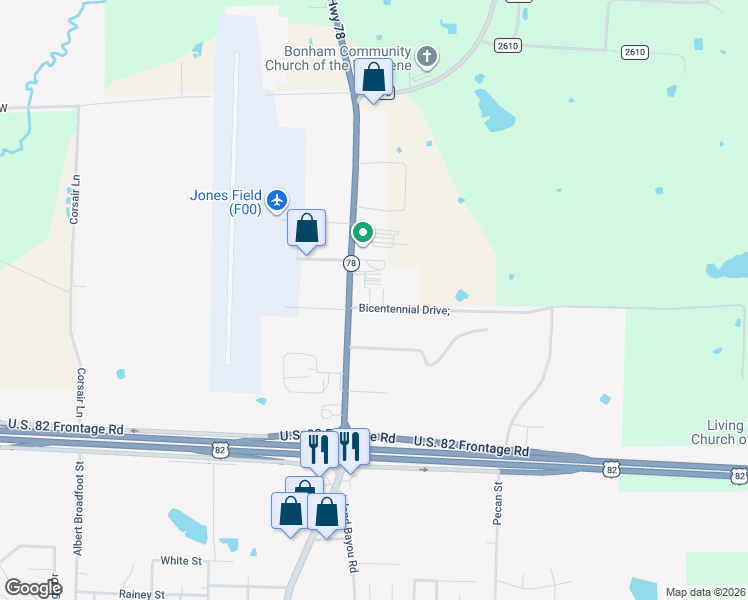 map of restaurants, bars, coffee shops, grocery stores, and more near 2528 North Center Street in Bonham