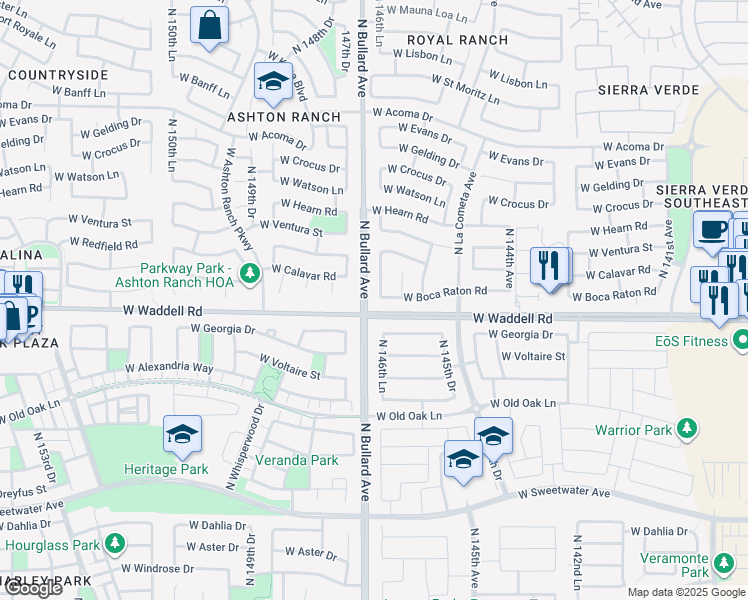 map of restaurants, bars, coffee shops, grocery stores, and more near 13900 North 146th Lane in Surprise