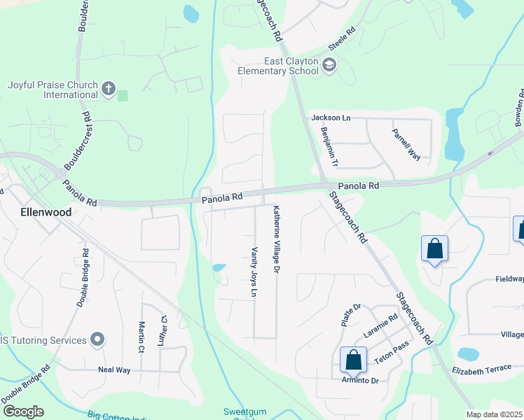 map of restaurants, bars, coffee shops, grocery stores, and more near 5304 Katherine Village Drive in Ellenwood