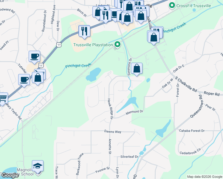 map of restaurants, bars, coffee shops, grocery stores, and more near 3650 Halcyon Trace in Trussville