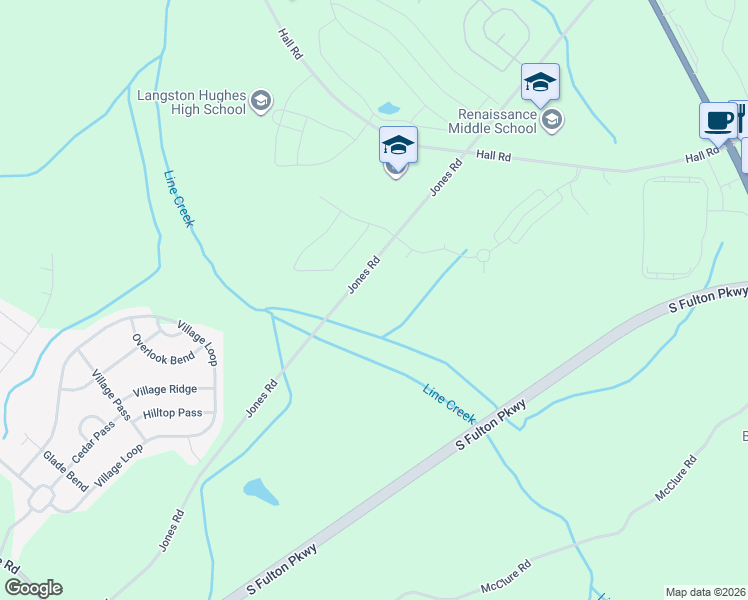 map of restaurants, bars, coffee shops, grocery stores, and more near 6882 Jones Road in Fairburn