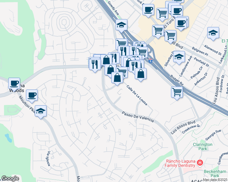 map of restaurants, bars, coffee shops, grocery stores, and more near 24022 Calle De La Plata in Laguna Hills