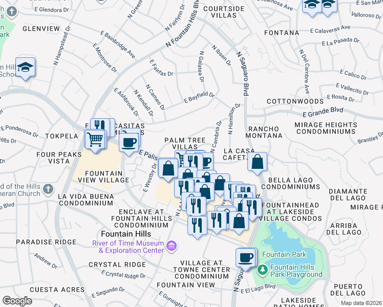 map of restaurants, bars, coffee shops, grocery stores, and more near 16714 East Almont Drive in Fountain Hills
