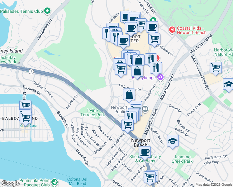 map of restaurants, bars, coffee shops, grocery stores, and more near 17 Corporate Plaza Drive in Newport Beach
