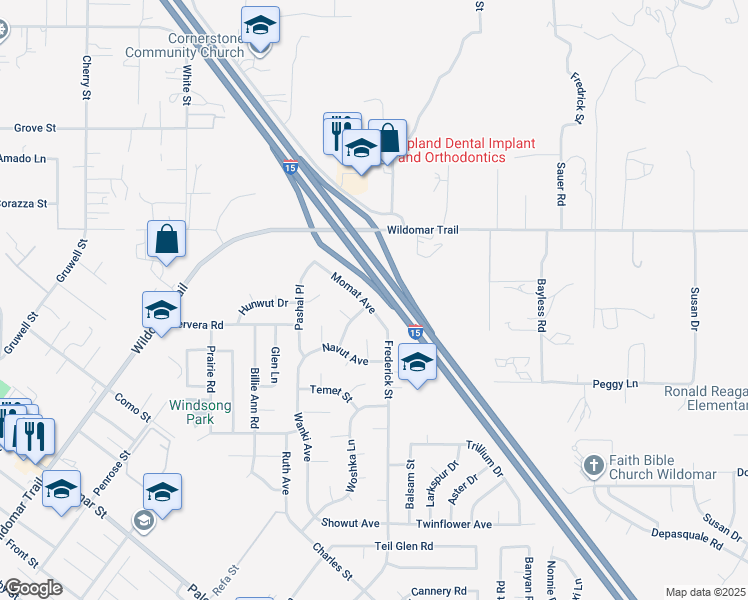 map of restaurants, bars, coffee shops, grocery stores, and more near 35182 Momat Avenue in Wildomar