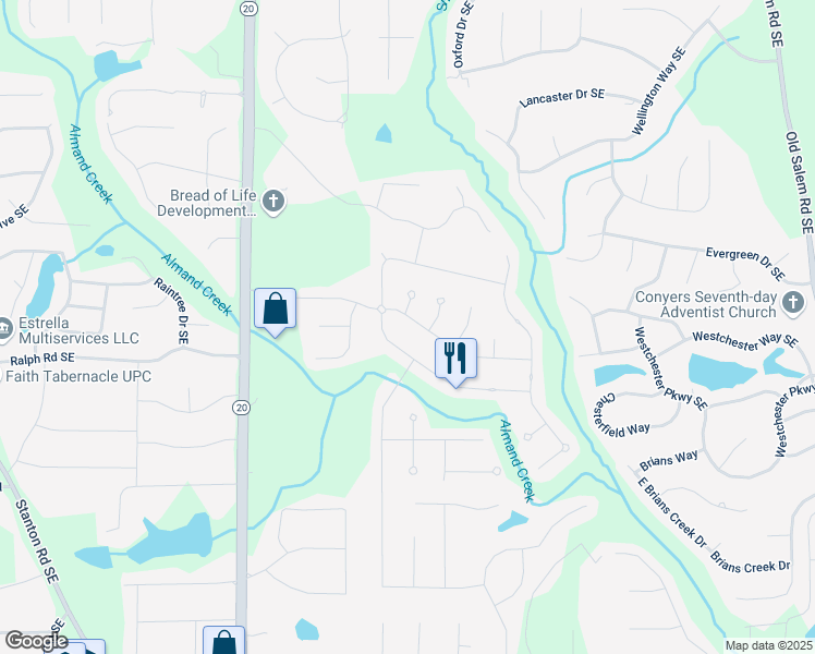 map of restaurants, bars, coffee shops, grocery stores, and more near 1400 Fall River Drive in Conyers