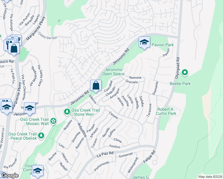 map of restaurants, bars, coffee shops, grocery stores, and more near 28101 Chapulin in Mission Viejo
