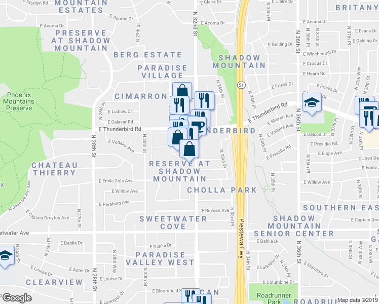 map of restaurants, bars, coffee shops, grocery stores, and more near 3131 E Thunderbird Rd in Paradise Valley