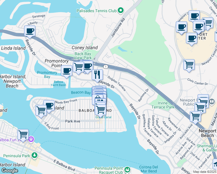 map of restaurants, bars, coffee shops, grocery stores, and more near 1203 Bayside Drive in Newport Beach