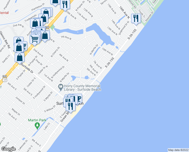 map of restaurants, bars, coffee shops, grocery stores, and more near 117 6th Avenue North in Surfside Beach