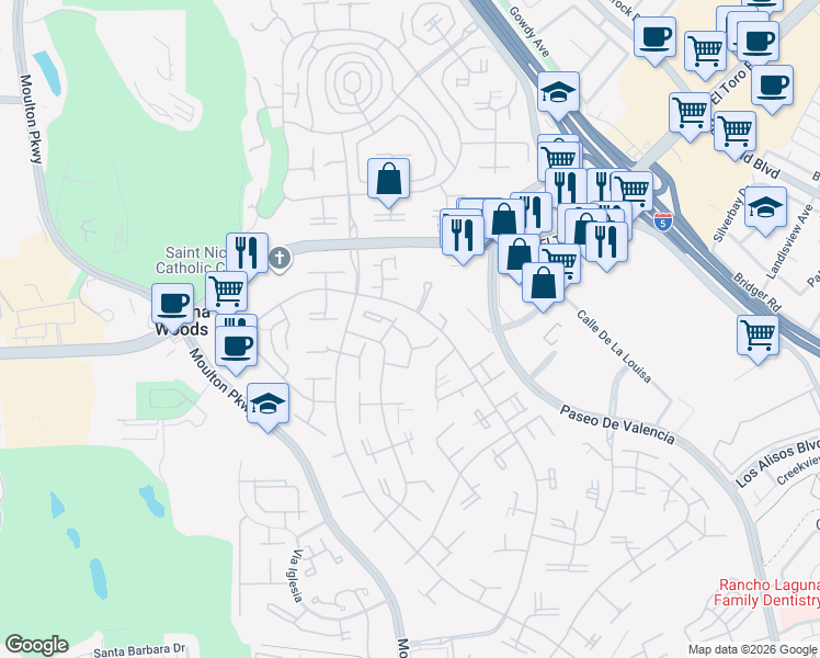 map of restaurants, bars, coffee shops, grocery stores, and more near 8 Via Castilla in Laguna Woods