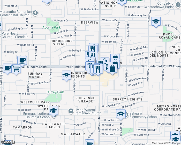 map of restaurants, bars, coffee shops, grocery stores, and more near 3551 West Thunderbird Road in Phoenix