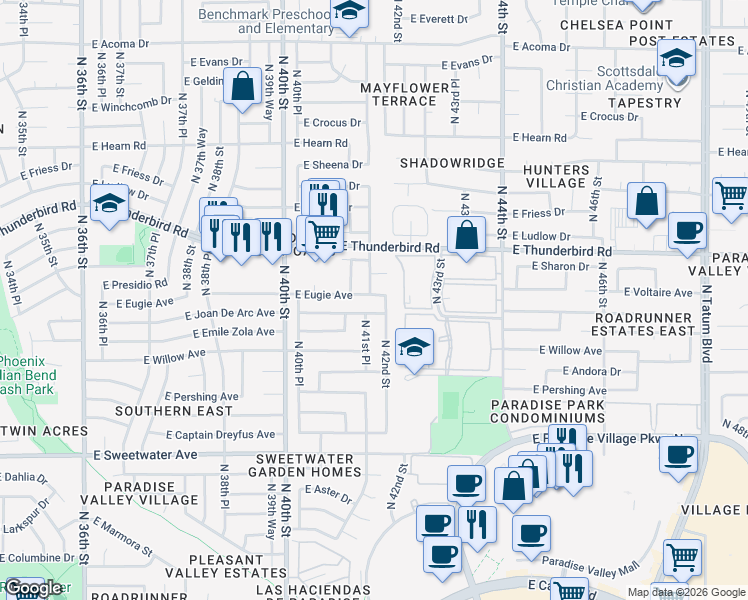 map of restaurants, bars, coffee shops, grocery stores, and more near 4143 East Presidio Road in Phoenix