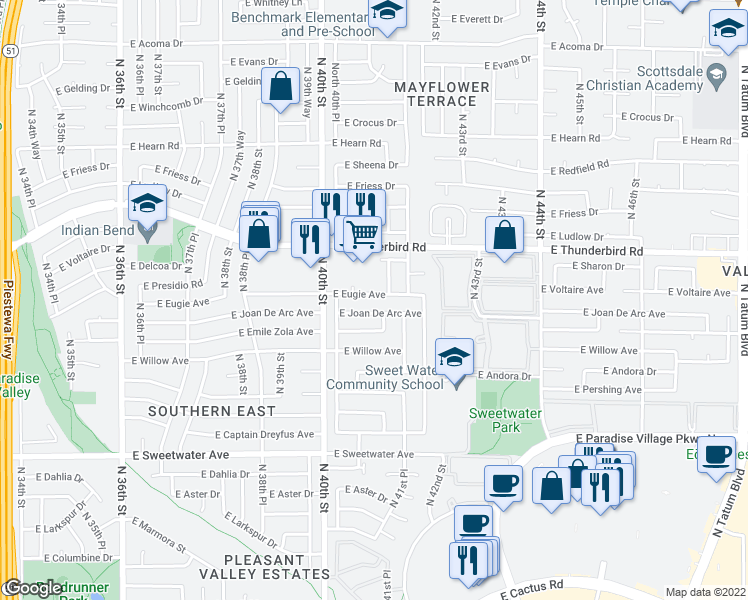 map of restaurants, bars, coffee shops, grocery stores, and more near 4049 E Eugie Ave in Phoenix