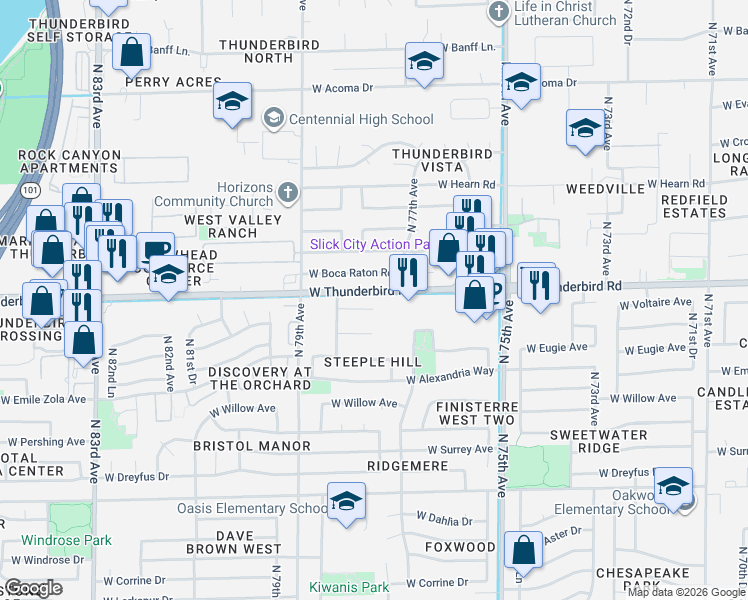 map of restaurants, bars, coffee shops, grocery stores, and more near 7733 West Boca Raton Road in Peoria