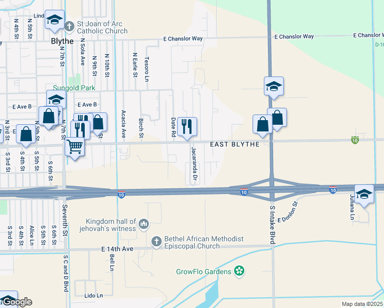 map of restaurants, bars, coffee shops, grocery stores, and more near 1576 East Hobsonway in Blythe