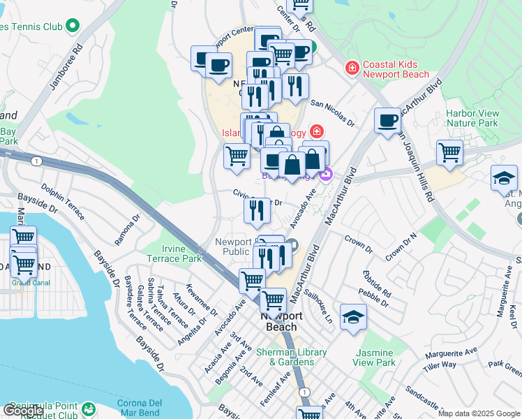 map of restaurants, bars, coffee shops, grocery stores, and more near 270 Newport Center Drive in Newport Beach