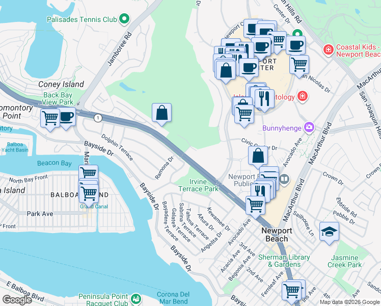 map of restaurants, bars, coffee shops, grocery stores, and more near 11 Clubhouse Drive in Newport Beach