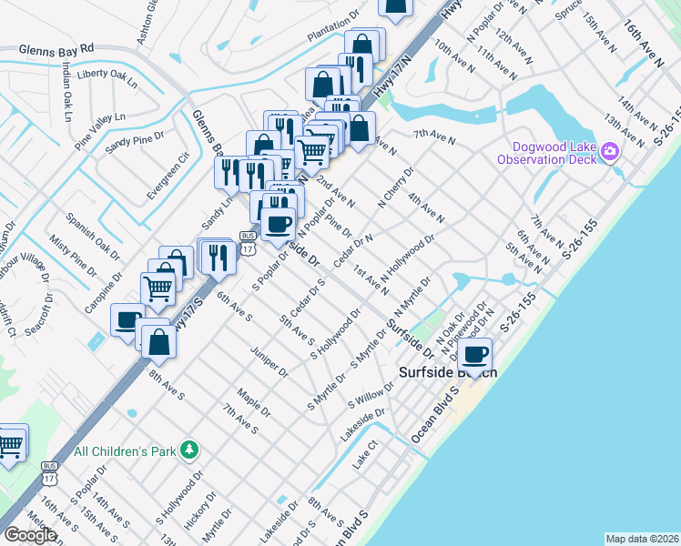 map of restaurants, bars, coffee shops, grocery stores, and more near 13B Cedar Drive North in Surfside Beach