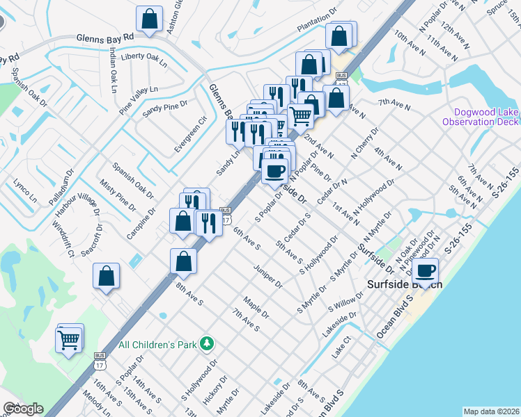 map of restaurants, bars, coffee shops, grocery stores, and more near 301 U.S. 17 Business in Surfside Beach