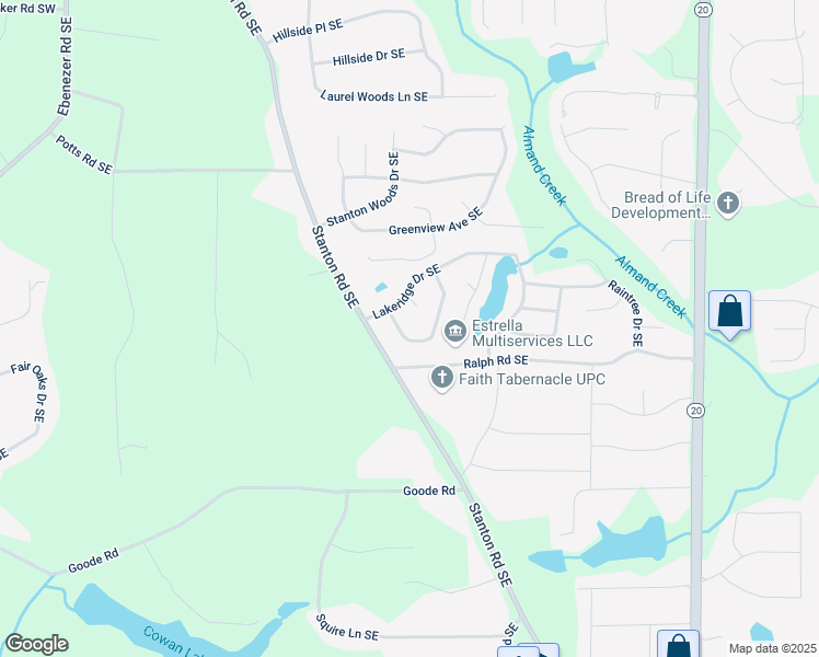 map of restaurants, bars, coffee shops, grocery stores, and more near 578 Lakeridge Circle Southeast in Conyers